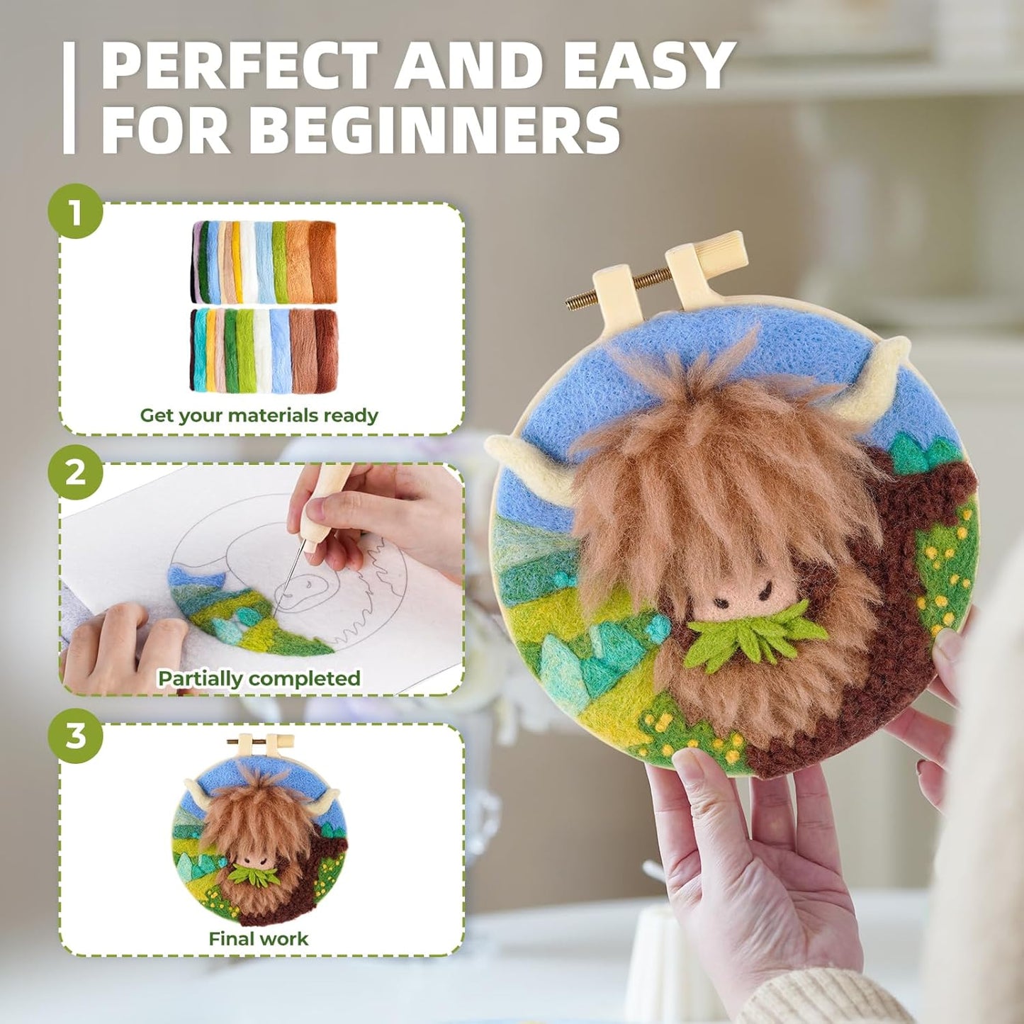 Needle Felting Kit,Embroidery kit for Beginners,Punch Needle Kits Adults Beginner,Punch Needle kit for Beginners, Includes All Tools and Materials,Easy to Follow Instructions and Videos(Highland Cow)