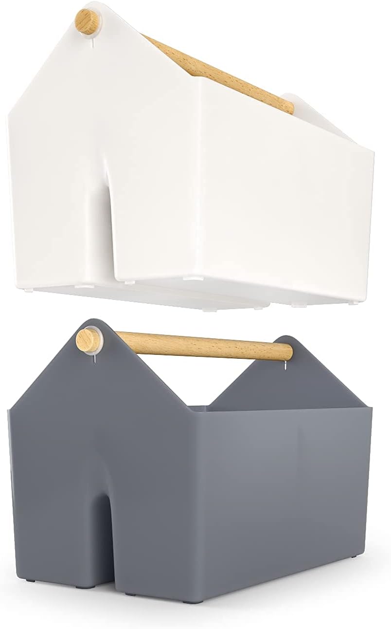 ARTEZA Plastic Portable Craft Storage Organizer, Pack of 2, Gray and Ivory, 3-Sectioned Plastic Basket with Handle, Caddy Organizer