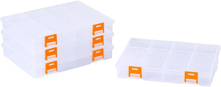 BangQiao 4 Pack 12 Grids Clear Plastic Storage Box with Dividers, Transparent Organizer Container Case for Small Parts, Bead, Button, Jewelry, Diamond, Craft Supplies,Sewing Kit, DIY Accessories