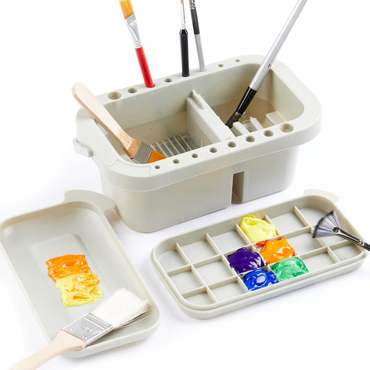 SEVENY Paint Brush Basin with Palette,Painting Art Supply Storage Organizer for Acrylic, Watercolor, and Water-Based Paints(Grey)