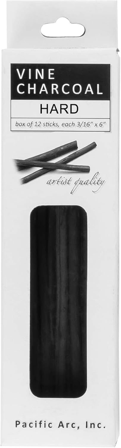 Pacific Arc Artist Vine Charcoal, Hard, Black 12 Pieces, Artist Vine Charcoal Sticks, Hard and Smooth Drawing Charcoal