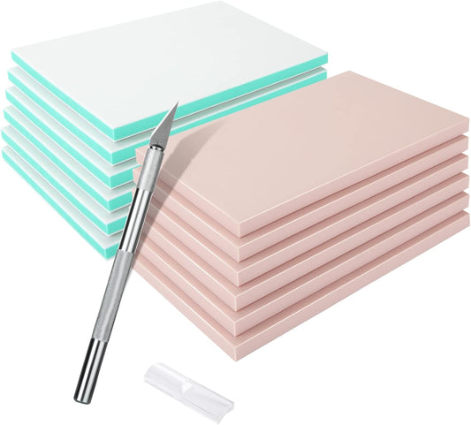 DAJAVE 13 Pack Linoleum Blocks for Printmaking, 4x6 Inch Rubber Carving Blocks, Linocut Block Rubber Stamp Making Kit for DIY Crafts & Art Projects (Pink, Green, Craft Knife Include)