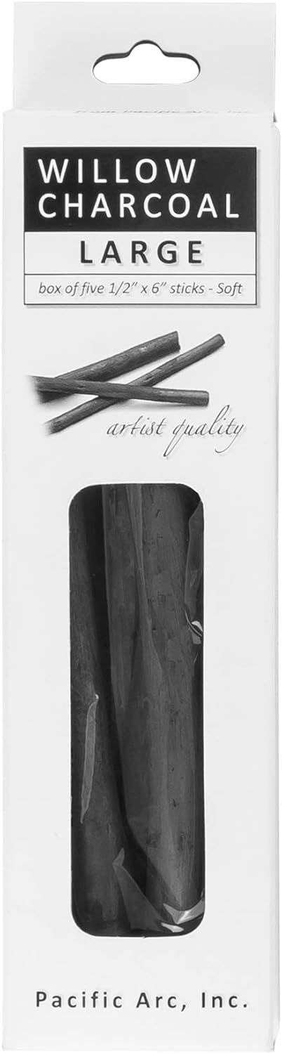 Pacific Arc Large Vine Charcoal Stick 5/Pkg, Soft, Black, Thick Willow Charcoal for Sketching and Drawing