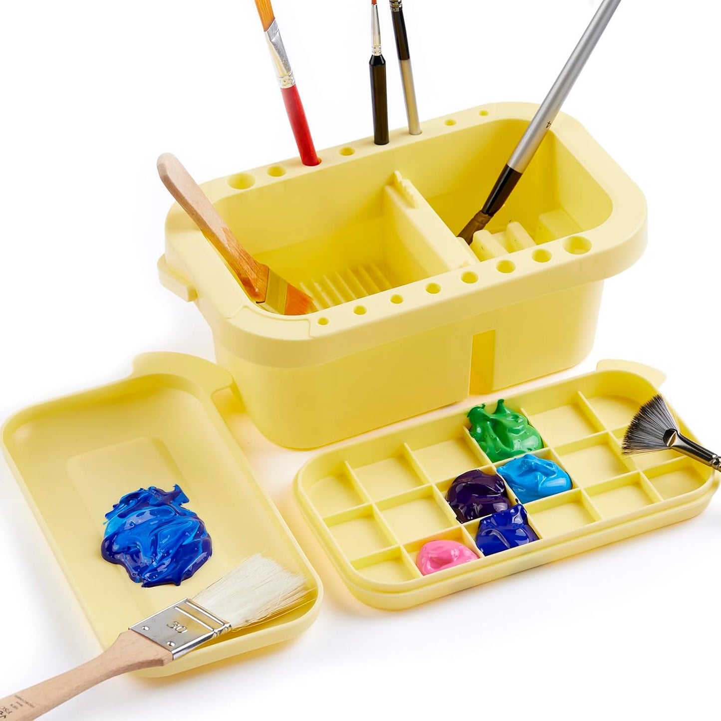 SEVENY Paint Brush Cleaner, Paint Brush Holder and Organizers with Palette for Acrylic, Watercolor, and Water-Based Paints (Yellow)