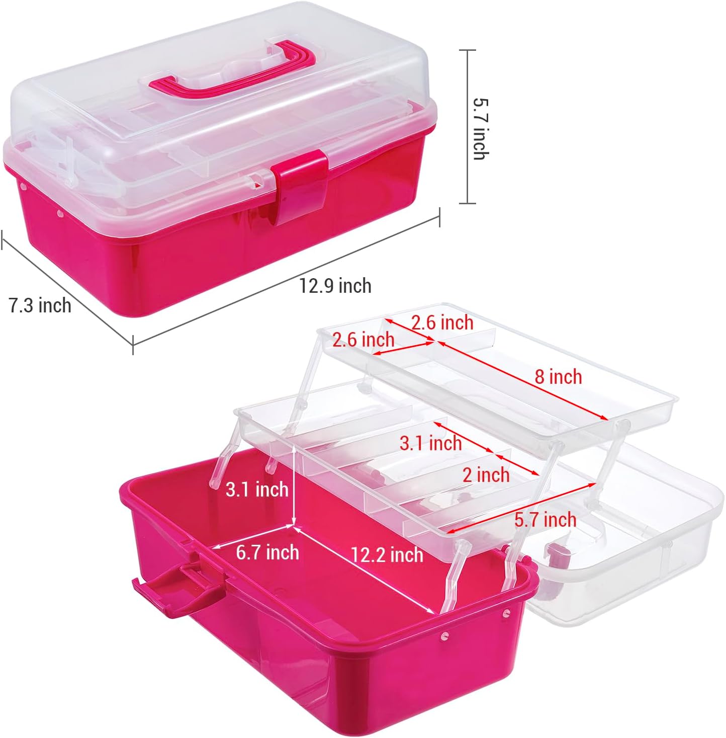 MyGift 13-Inch Dark Pink Plastic Craft Organizer and Storage Box – Clear Carrying Case with Latching Lid & 2 Expandable Trays for Sewing, Tools, First Aid, and Art Supplies