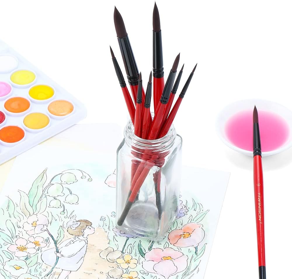 Transon Round Paint Brush Set 9pcs Synthetic Sable Hair for Acrylic Painting Watercolor Painting Gouache Ink Craft and Detail Painting