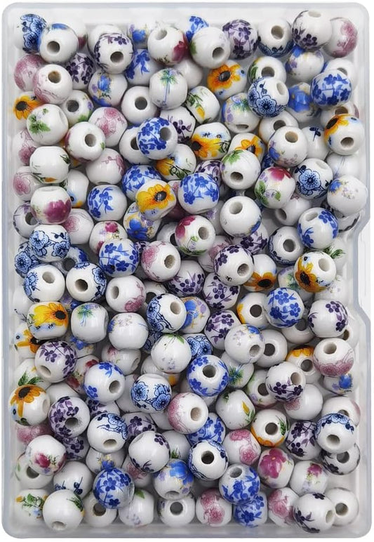 INSPIRELLE 180 Pieces Porcelain Beads Chinese Round Ceramic Beads 8mm for Handmade Jewelry Making Bracelets Necklace Making, Flower