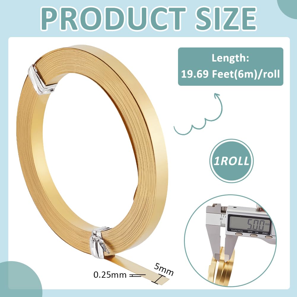 BENECREAT 19.7 Ft 30Gauge Brass Flat Bezel Wire, 5mm Wide Flat Jewelry Craft Wire for DIY Jewelry Craft Making Gem Wrapping