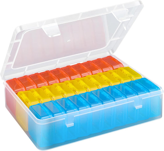 Mathtoxyz Bead Organizer Box(Red,Yellow,Blue), 62Pcs Small Bead Organizers and Storage Plastic Cases Mini Clear Containers Boxes with Hinged Lid and Rectangle for Bracelet Making DIY Jewelry Craft