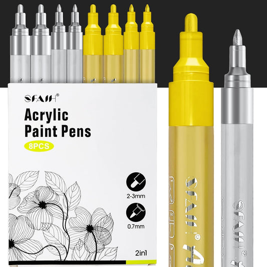 SFAIH Gold & Silver Acrylic Paint Markers - 8 Pack 2-3MM Medium Tip & 0.7MM Extra Fine Paint Pens for Rock Painting, Wood, Metal, Fabric, Plastic, Canvas, Glass, Ceramic, Diy Crafts