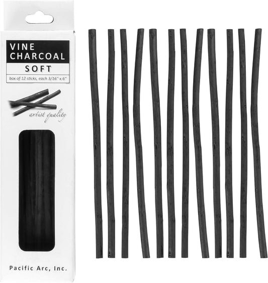 Pacific Arc Artist Vine Charcoal, Soft, Black 12 Pieces, Artist Vine Charcoal Sticks, Extra Soft and Smooth Drawing Charcoal