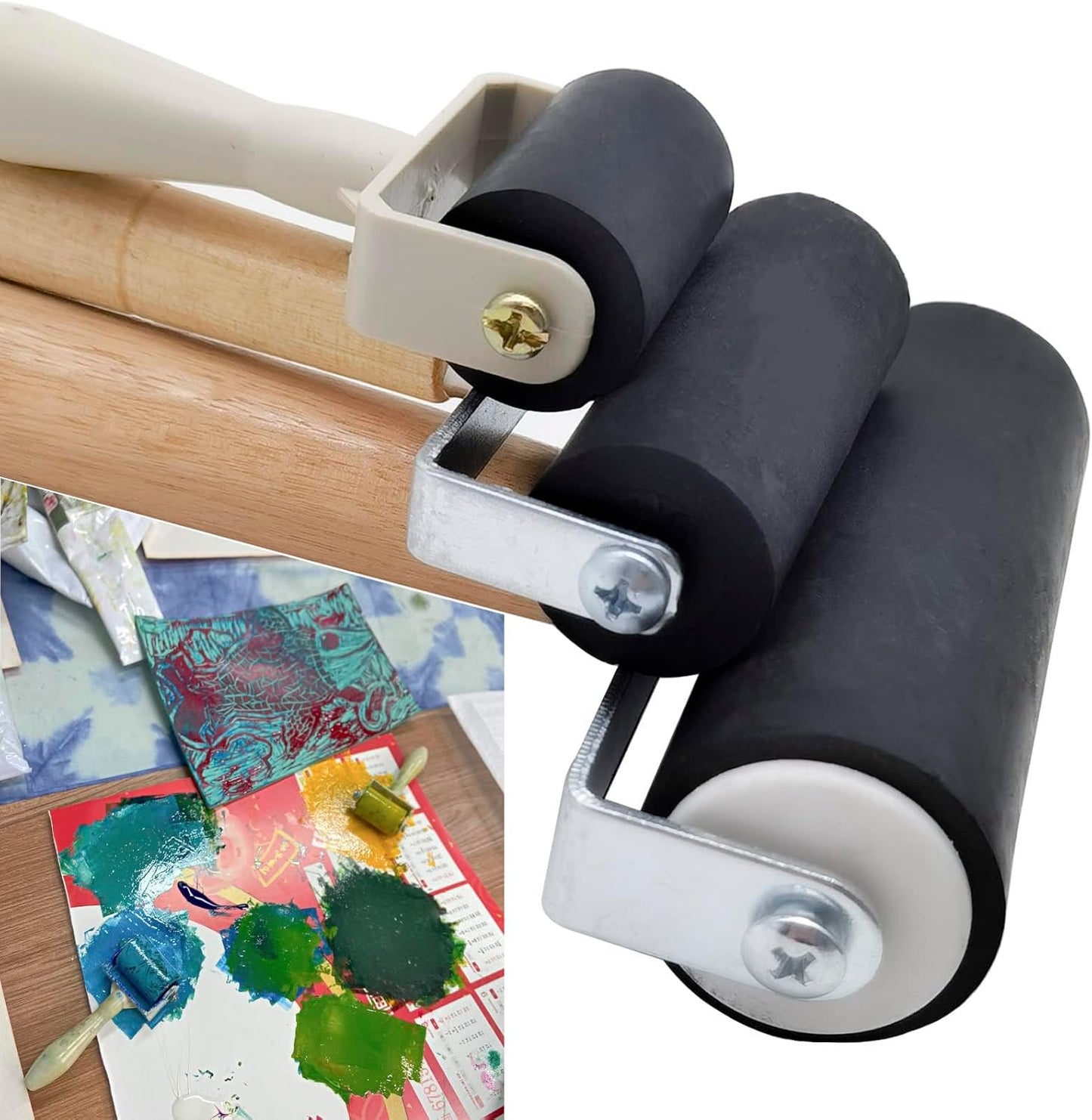 4 Pack Rubber Roller - Brayer Rollers with 3 Size for Crafting Brayer Rollers for Printmaking Brayer Tool Paint Brush Ink Applicator Art Craft Oil Painting Tool 1.4 in,2.4 in,4 in + 1 Scraper HRJZF