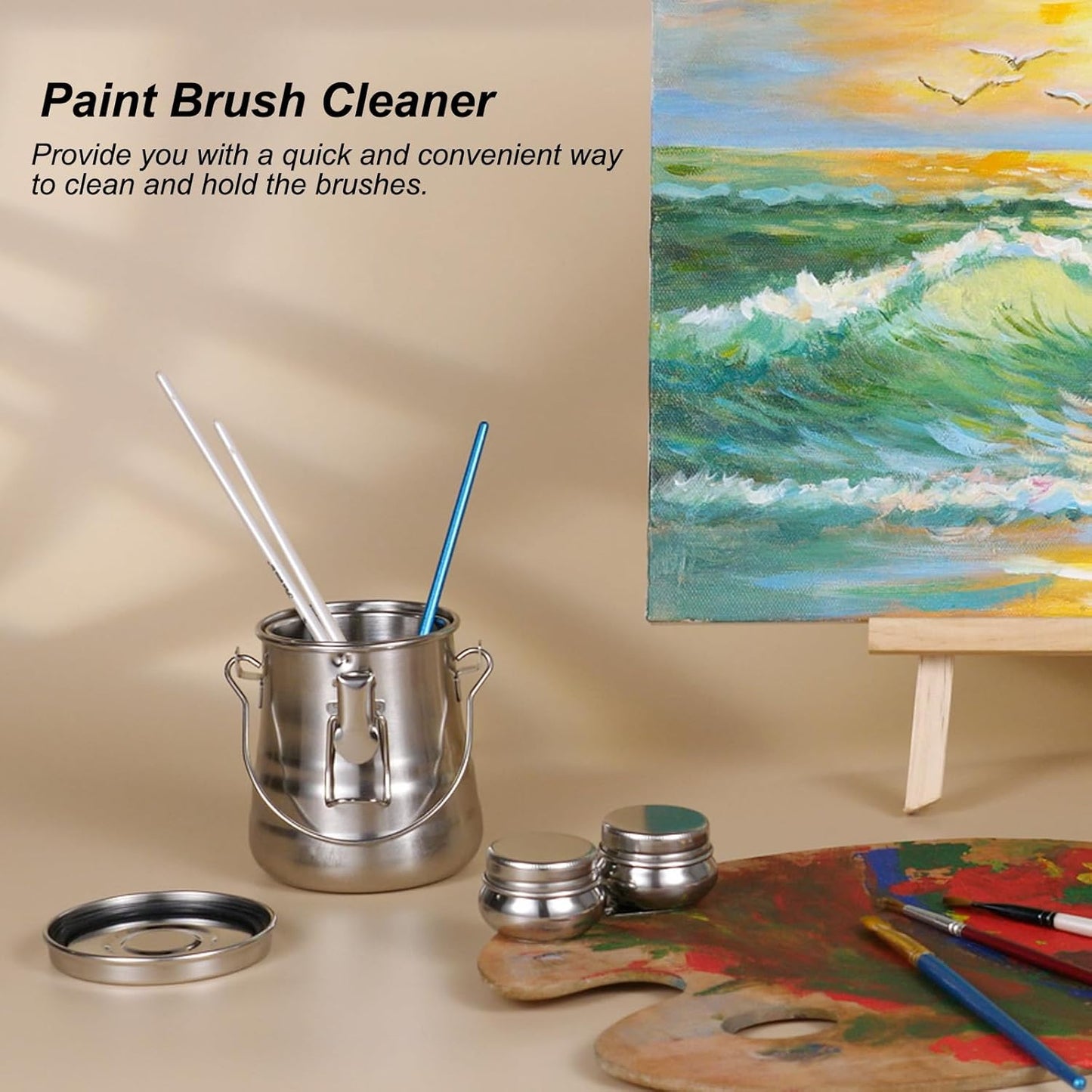 Paint Brush Cleaner and Holder, Stainless Steel Airtight Brush Washer with Removable Porous Filter for Painting (13.5 oz/400 ml)