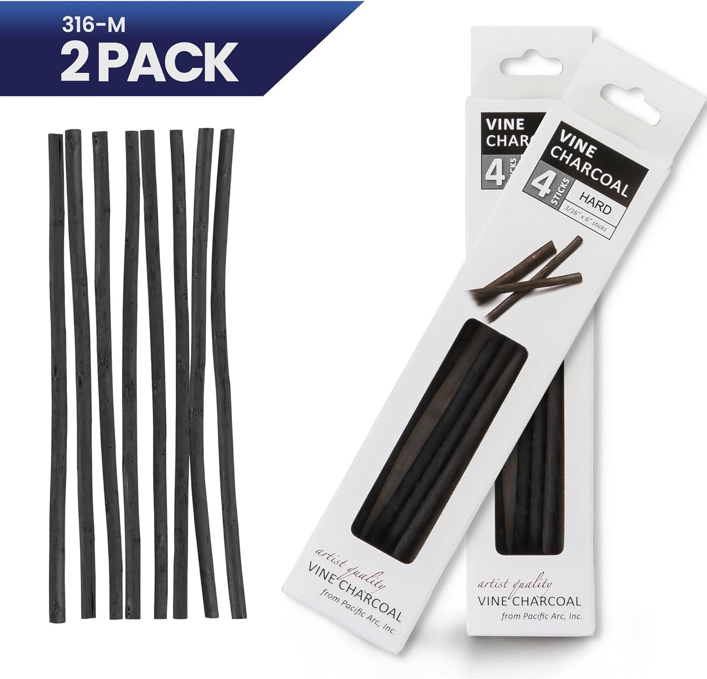 Pacific Arc 2 Pack Artist Vine Charcoal, Medium, Black 4 Charcoal Sticks for Drawing, Sketching, and Fine Art …