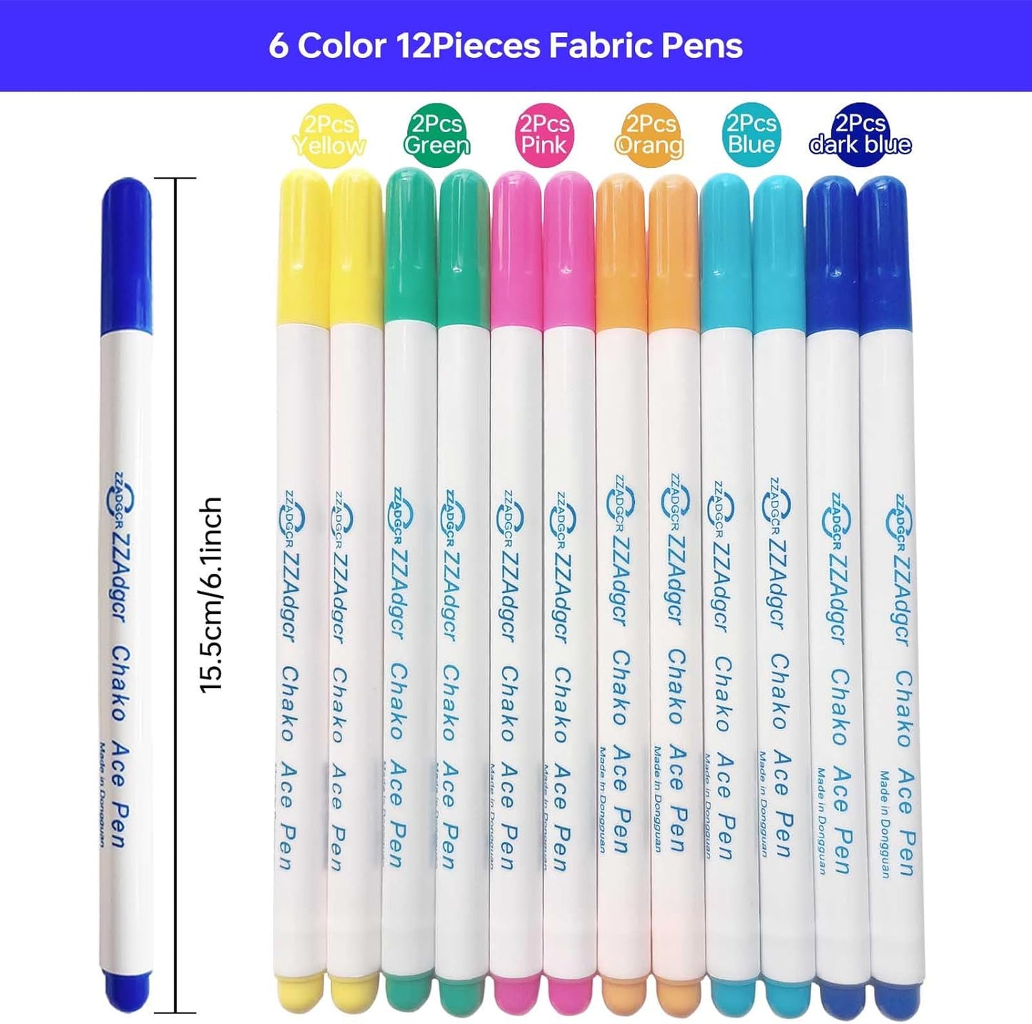 12 pcs Water-Erasable Fabric Pen Set - 6 Colors for Sewing, Embroidery & DIY Tracing