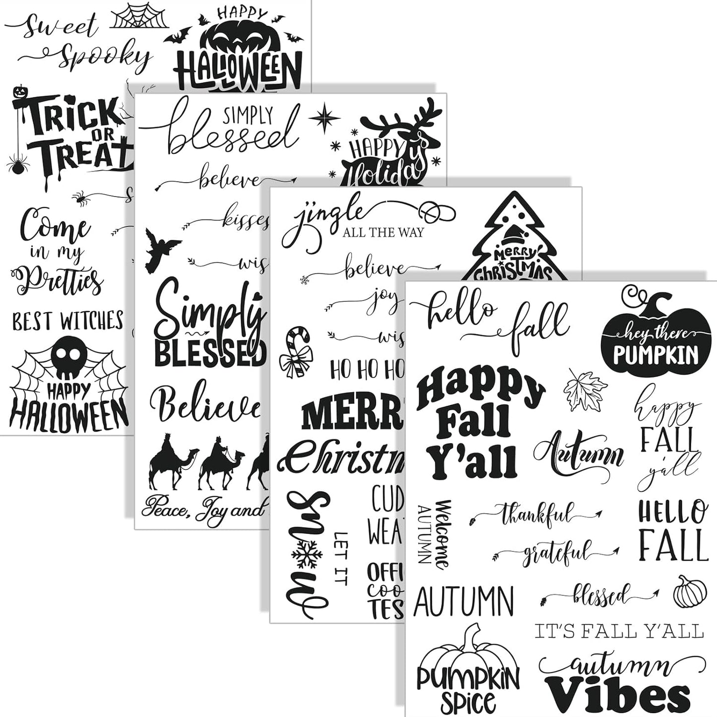 Whaline 4 Sheets Holiday Clear Stamps Fall Halloween Christmas Nativity Scene Greeting Words Silicone Transparent Stamps for DIY Craft Card Making Scrapbooking Embossing Album Decor