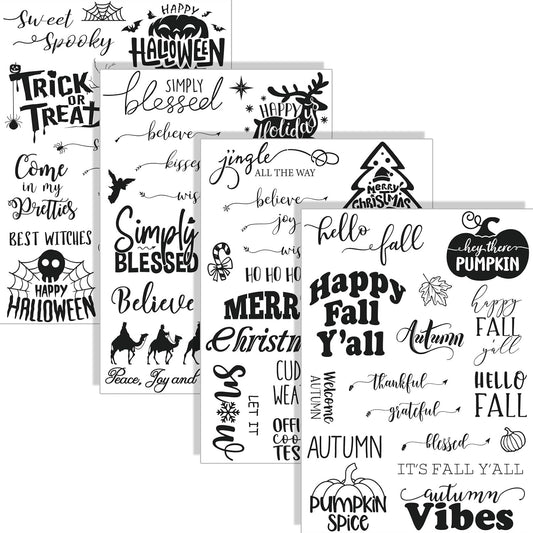 Whaline 4 Sheets Holiday Clear Stamps Fall Halloween Christmas Nativity Scene Greeting Words Silicone Transparent Stamps for DIY Craft Card Making Scrapbooking Embossing Album Decor