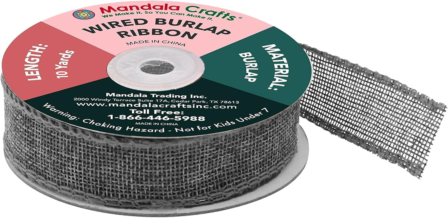 Mandala Crafts Gray Burlap Wired Ribbon 1 Inches Wide Jute Ribbons for Crafts - 10 Yds Roll Rustic Burlap Wrap Trim Ribbons for Wreaths Bows Party Decoration