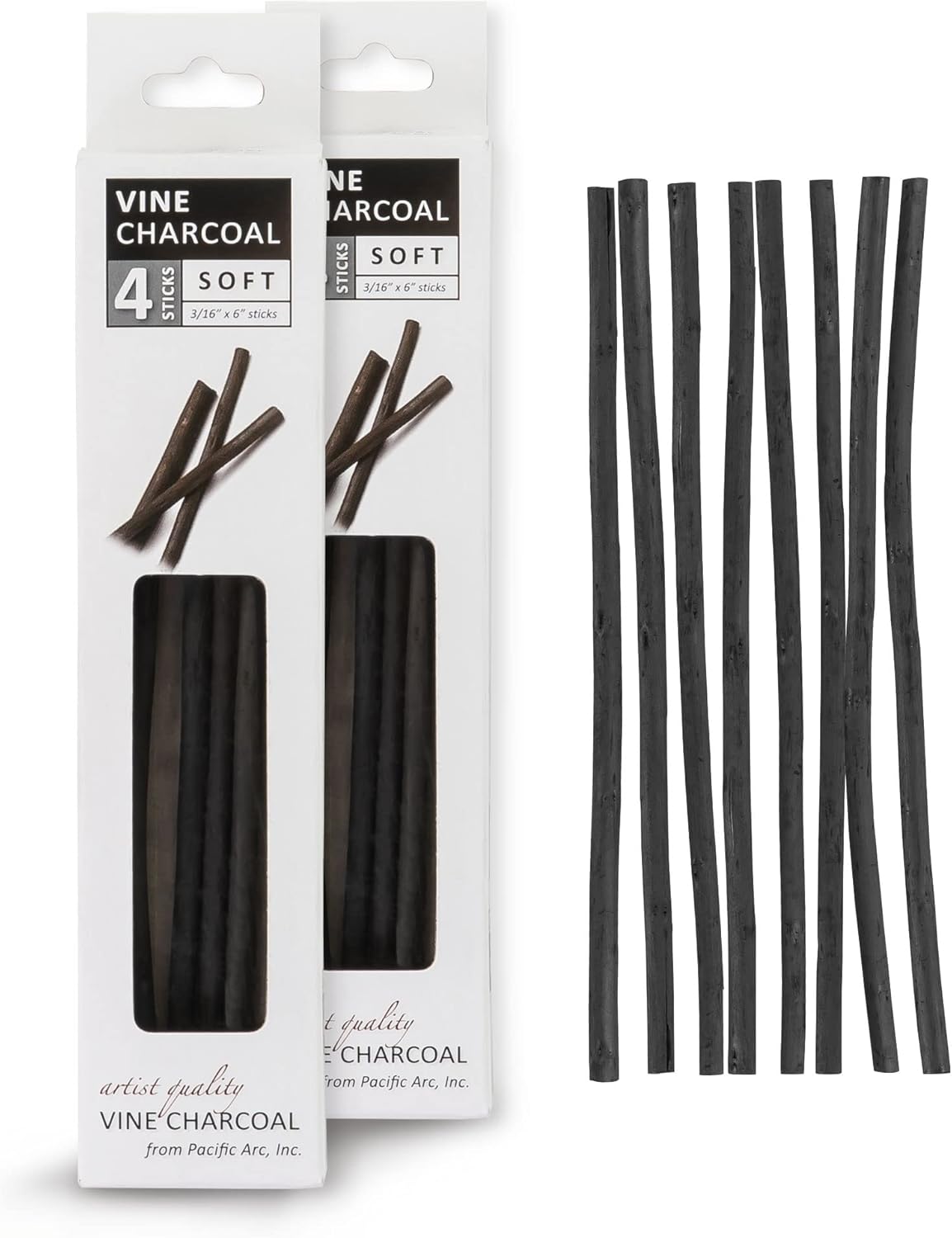 Pacific Arc 2 Pack Artist Vine Charcoal, Soft, Black 4 Charcoal Sticks for Drawing, Sketching, and Fine Art