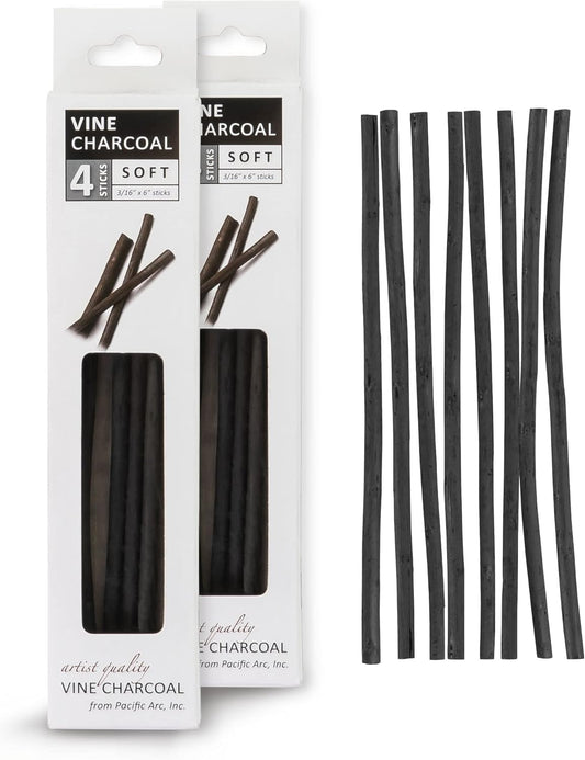 Pacific Arc 2 Pack Artist Vine Charcoal, Soft, Black 4 Charcoal Sticks for Drawing, Sketching, and Fine Art