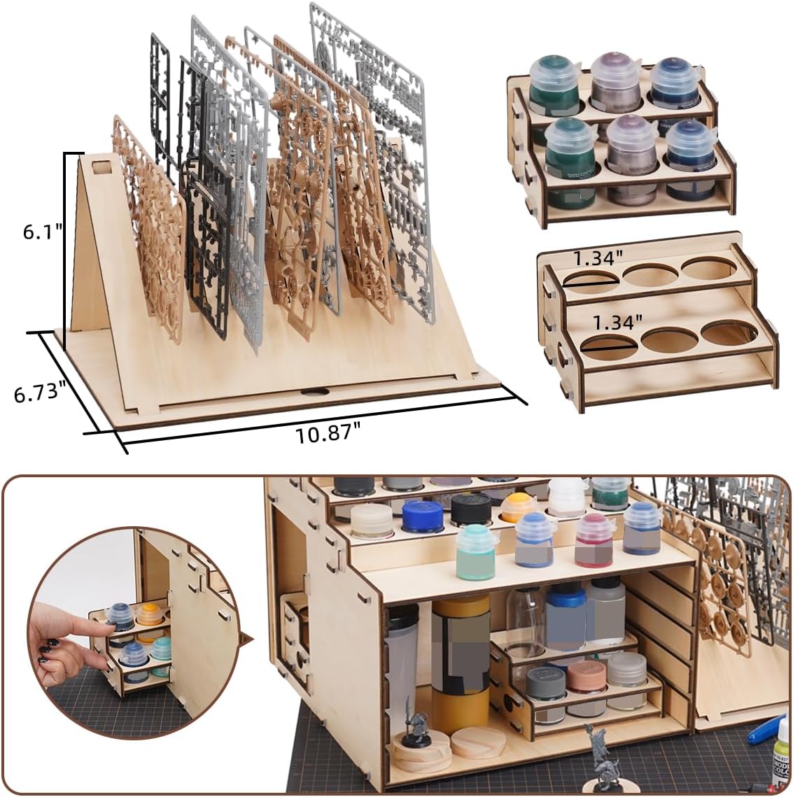 Model Paint Holder with Adjustable Storage, Wooden Miniature Model Paints Organizer for 36 Paint Holes and 36 Holes of Painting Brushes wtih Model Pieces Shelf