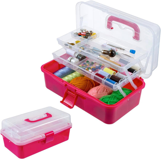 MyGift 13-Inch Dark Pink Plastic Craft Organizer and Storage Box – Clear Carrying Case with Latching Lid & 2 Expandable Trays for Sewing, Tools, First Aid, and Art Supplies