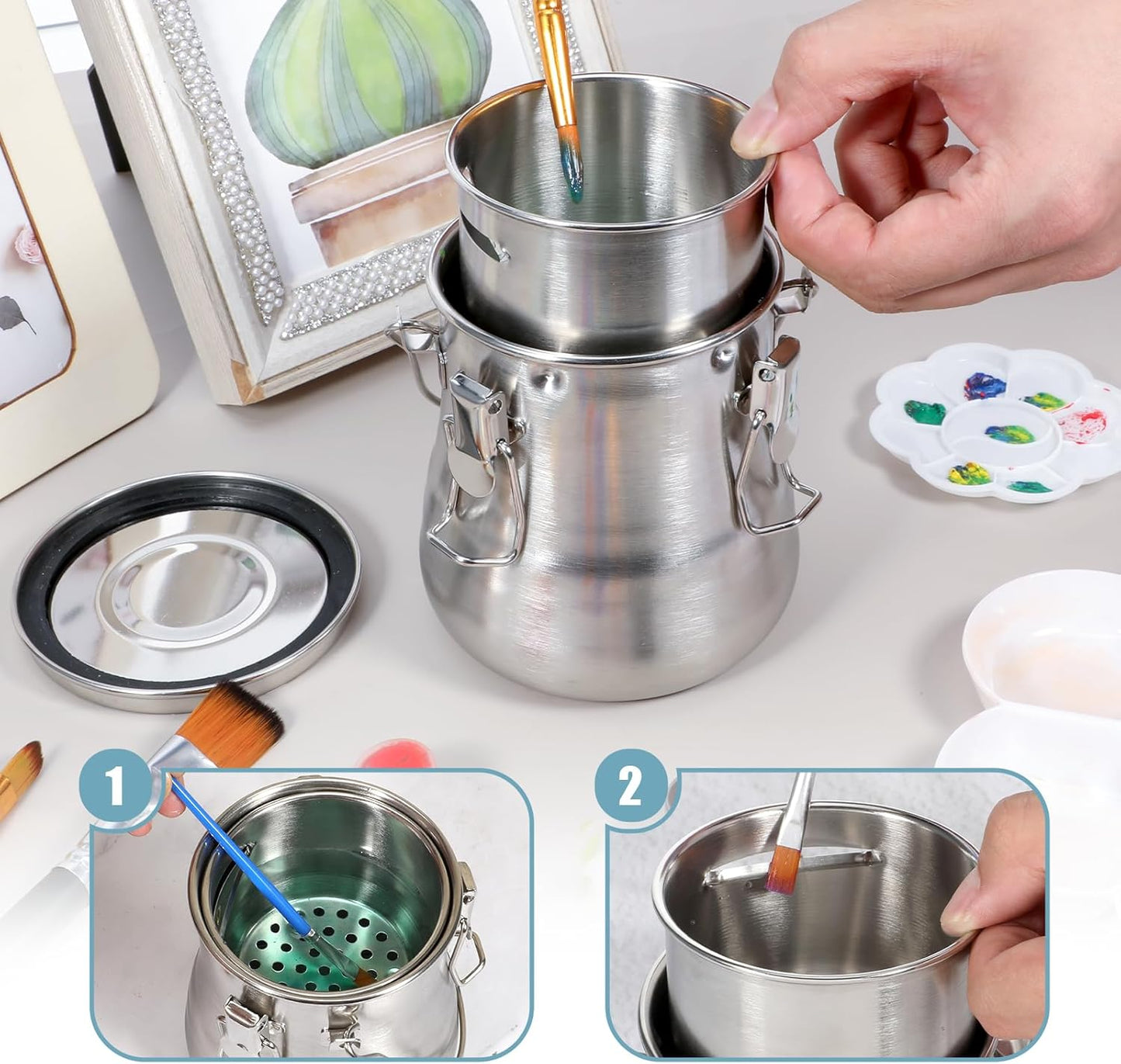 Portable Paint Brush Cleaner Leak-Proof Brush Cup Washer Large Airtight Stainless Steel Brushes Holder with Removable Filter and Lid for Oil Acrylic Watercolor Painting, 25 oz