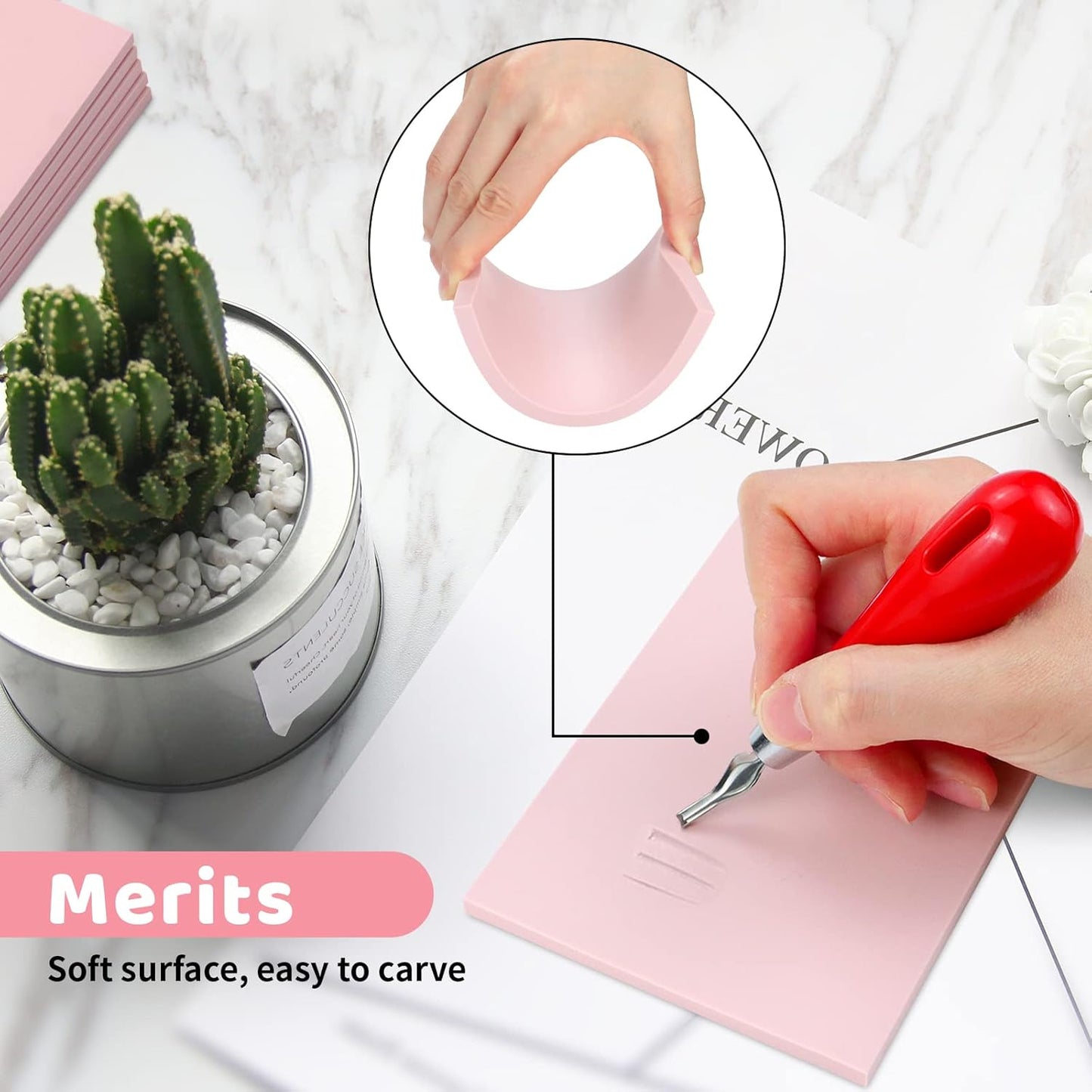 6 Pack 8"x6" Pale Pink Rubber Stamp Carving Blocks Rubber Carved Brick Soft Rubber Linoleum Block for Craft Project