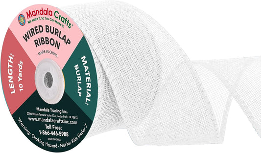 Mandala Crafts White Burlap Wired Ribbon 2.5 Inches Wide Jute Ribbons for Crafts - 10 Yds Roll Rustic Burlap Wrap Trim Ribbons for Wreaths Bows Party Decoration
