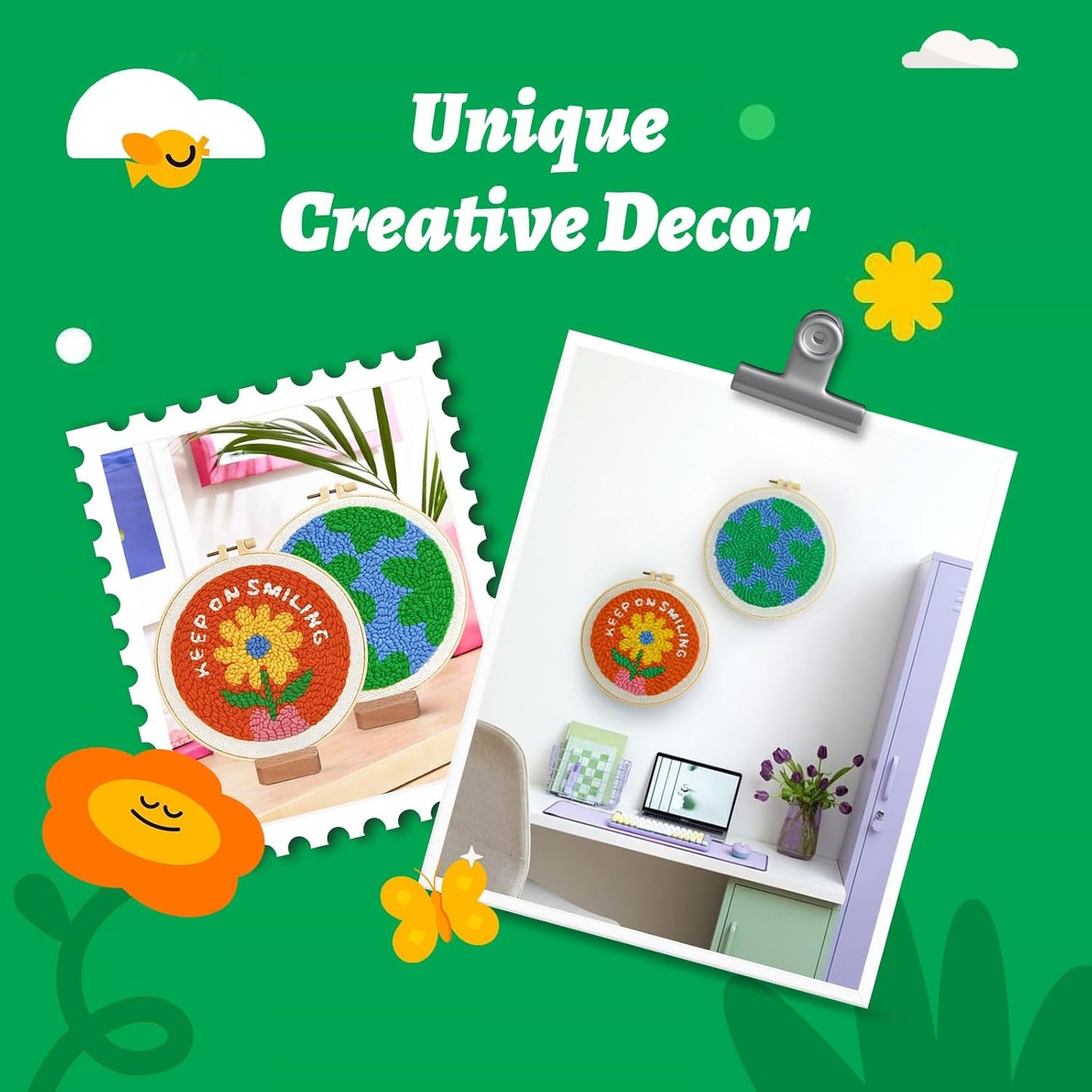 yuegool 2PCS Punch Needle Decoration Kit,Easy DIY Punch Needle Embroidery Kit for Beginners Adults Kids Including Patterns, Tools, Yarns, Hoop, Instruction, Bracket Art Craft Supplies