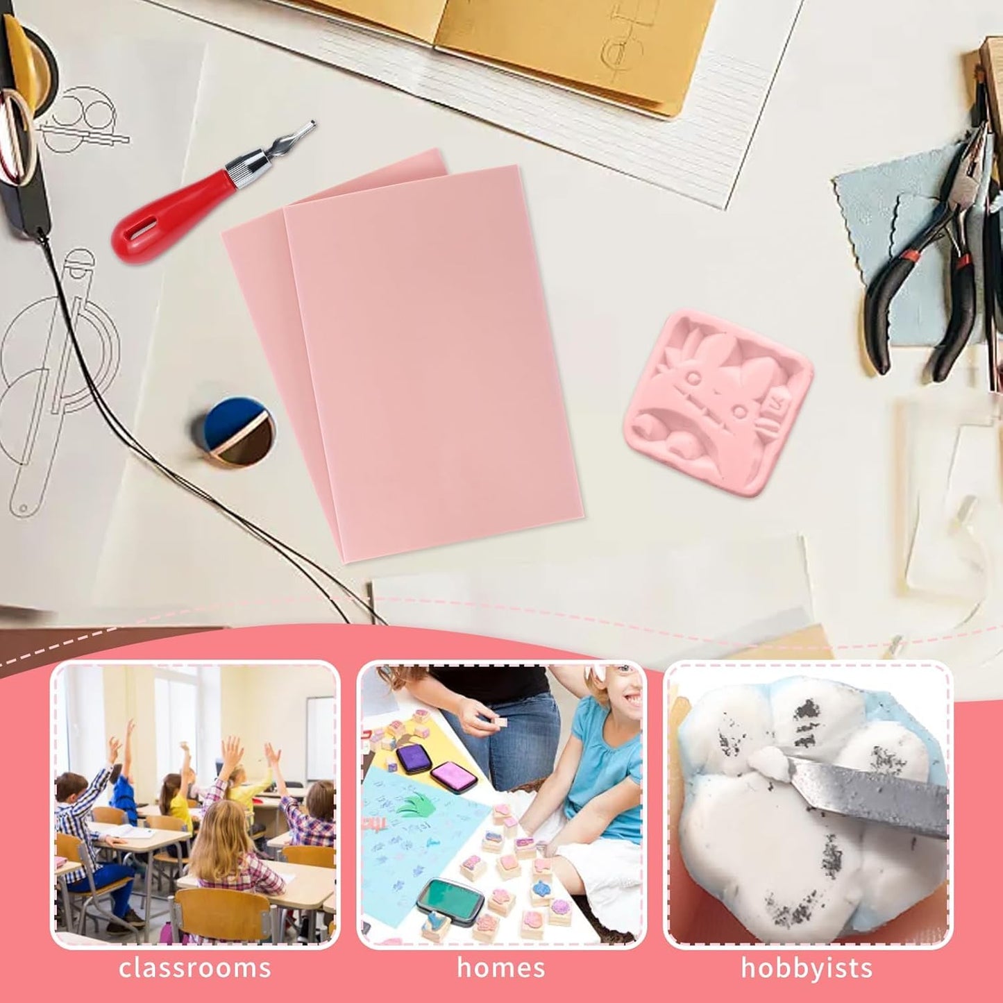 4 Pack 4"x6" Pale Pink Rubber Stamp Carving Blocks, Rubber Carved Brick for Stamp Soft Rubber Crafts and DIY Craft Project