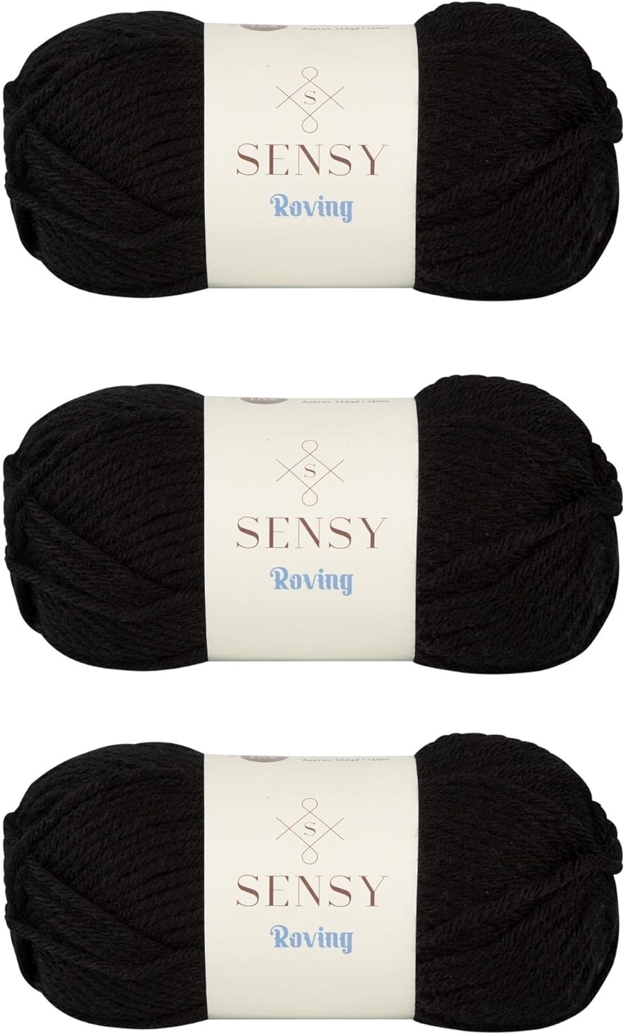 3 Skeins of Sensy Roving Yarn, 3.5 oz, 132 Yards, Gauge 5 Bulky (Black)