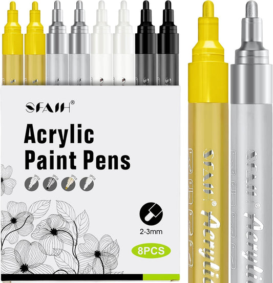 SFAIH Paint Markers Pens - 4 Colors 8 Pack Ultra-High Coverage Acrylic Paint Pens for Rock, Paper, Wood, Fabric, Glass, Metal, Ceramic, Painting, DIY Art Projects, Crafts, Large Capacity Permanent Ink