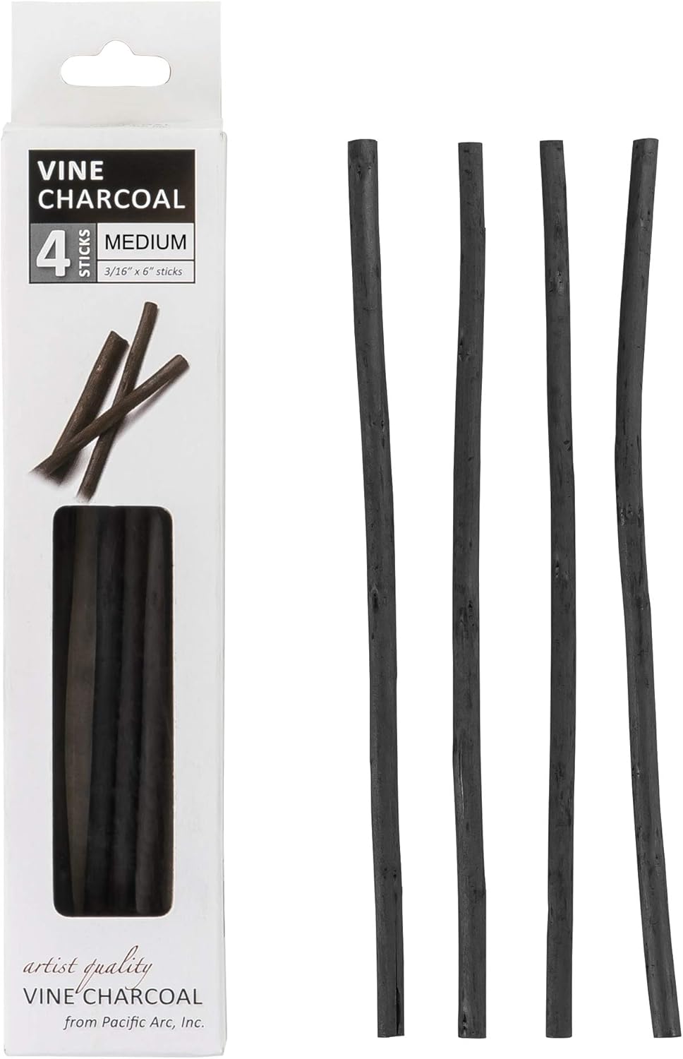 Pacific Arc Artist Vine Charcoal, Medium, Black 4 Charcoal Sticks for Drawing, Sketching, and Fine Art