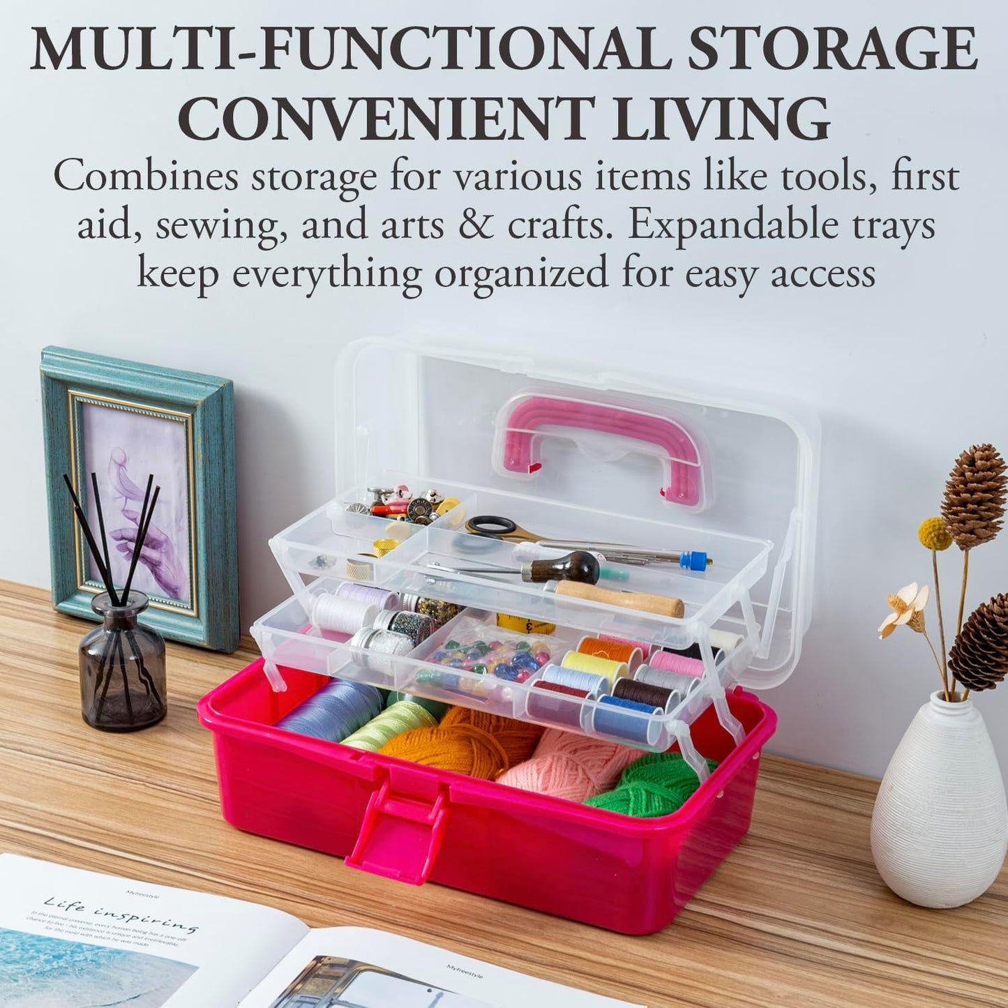 MyGift 13-Inch Dark Pink Plastic Craft Organizer and Storage Box – Clear Carrying Case with Latching Lid & 2 Expandable Trays for Sewing, Tools, First Aid, and Art Supplies