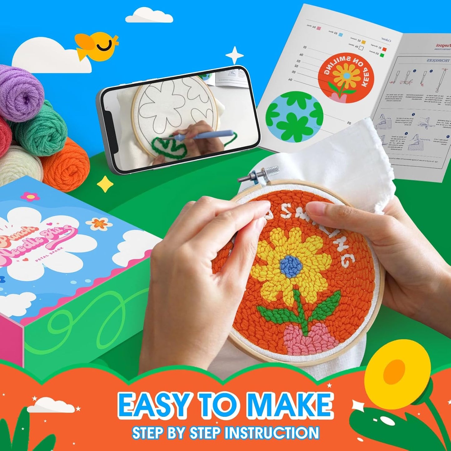 yuegool 2PCS Punch Needle Decoration Kit,Easy DIY Punch Needle Embroidery Kit for Beginners Adults Kids Including Patterns, Tools, Yarns, Hoop, Instruction, Bracket Art Craft Supplies