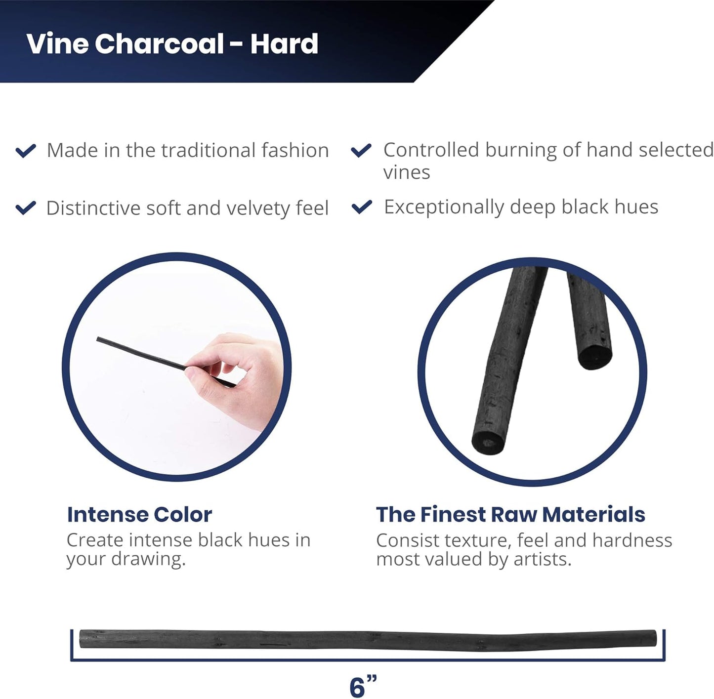 Pacific Arc Artist Vine Charcoal, Hard, Black 12 Pieces, Artist Vine Charcoal Sticks, Hard and Smooth Drawing Charcoal