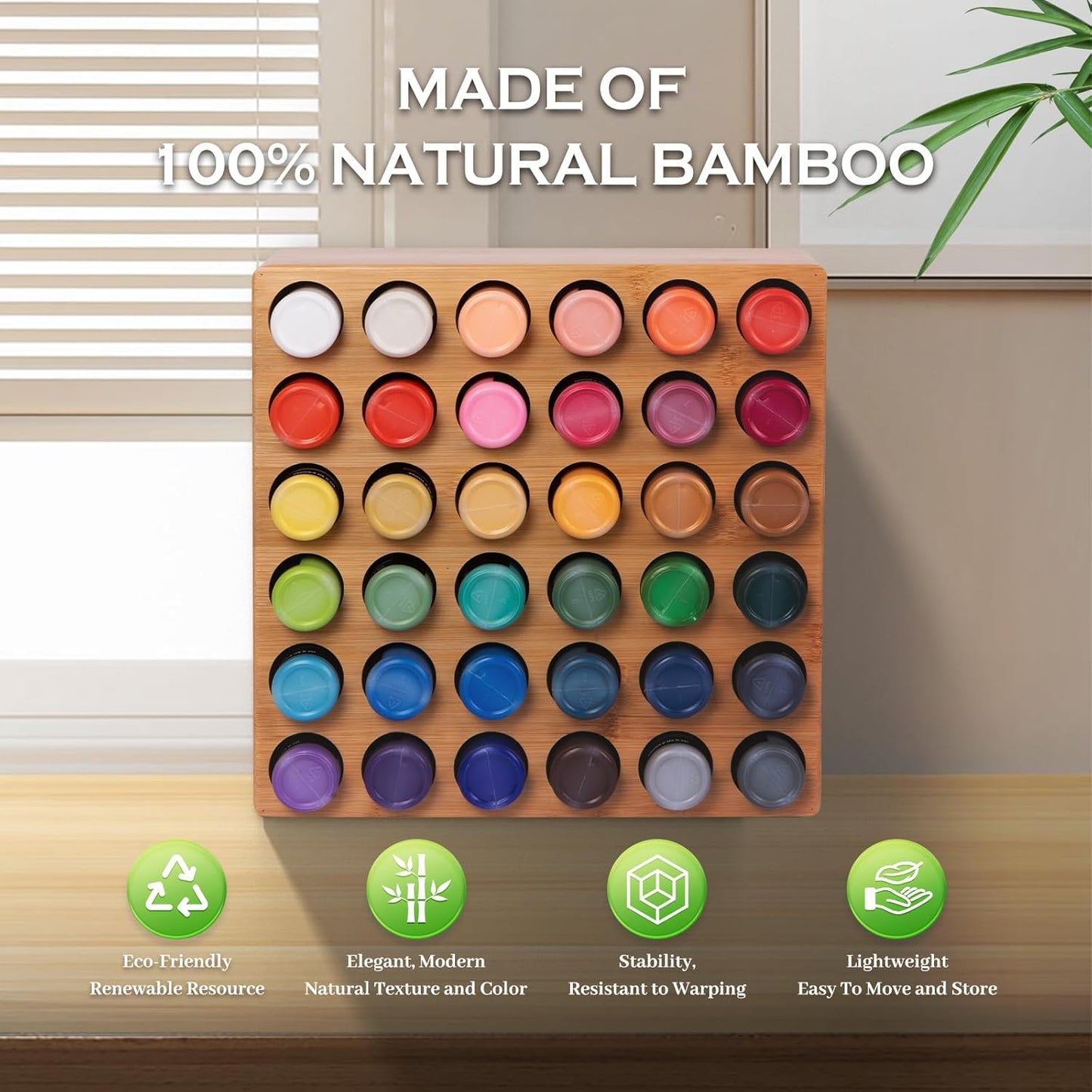 Bamboo Craft Paint Storage Organizer,36-Hole Vertical Paint Rack Stand for 2oz Craft & Acrylic Paints,Stackable Modular Storage Solution for Home, Classroom, and Office