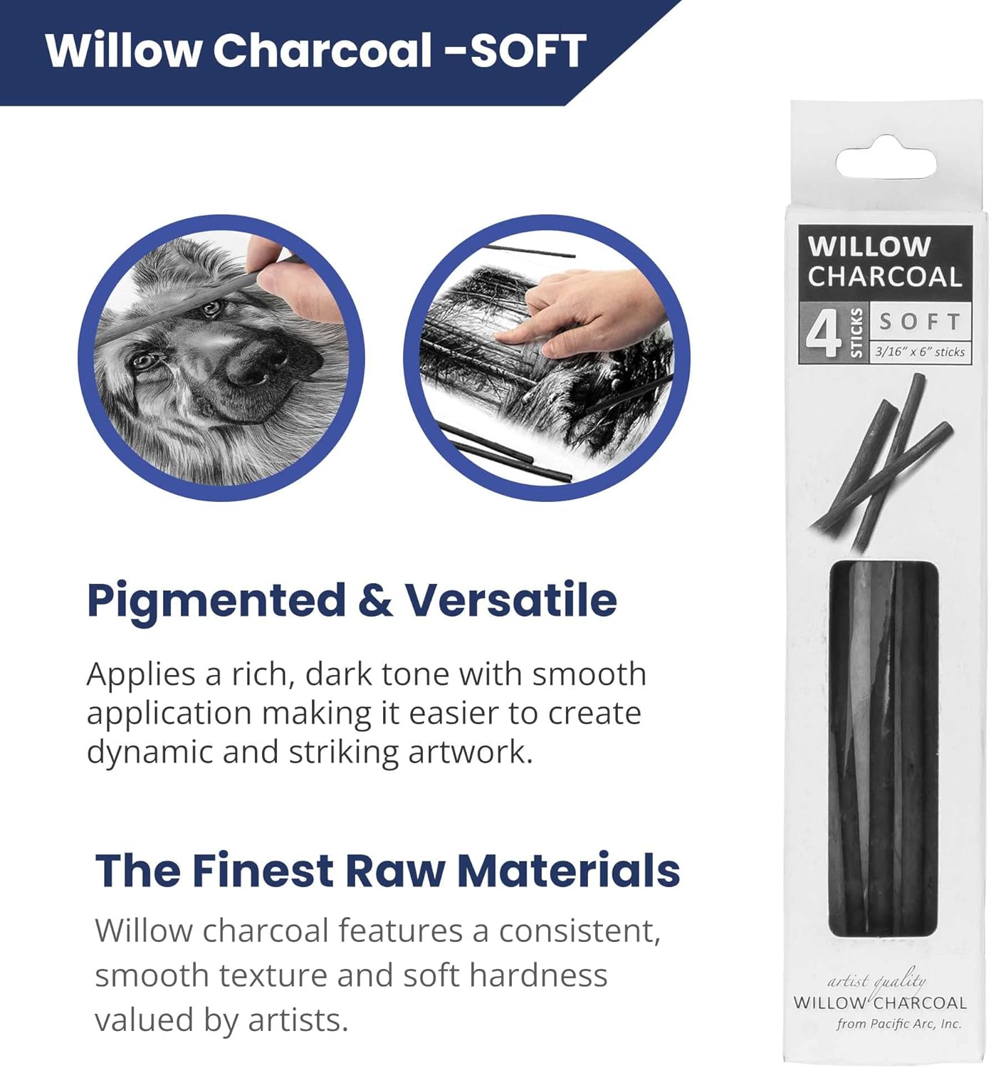 Pacific Arc 2 PACK Large Willow Charcoal Stick 4/Pkg, Soft, Black, Thick Willow Charcoal for Sketching and Drawing …