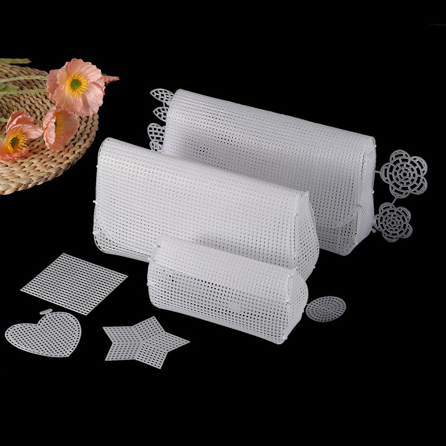 MECCANIXITY 2Set Plastic Mesh Canvas Sheet 4 Count for Crochet Bag Making Blank Canvas Semicircle for Embroidery Needlepoint, Bag, Knit Crochet Mesh, White