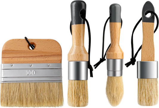 Chalk Paint Brushes Set of 4, Wax Brushes, Flat Pointed and Round Brush with Natural Bristles for Chalk Paint and Wax, Perfect for Painting or Waxing Furniture, Ideal for Home Decor