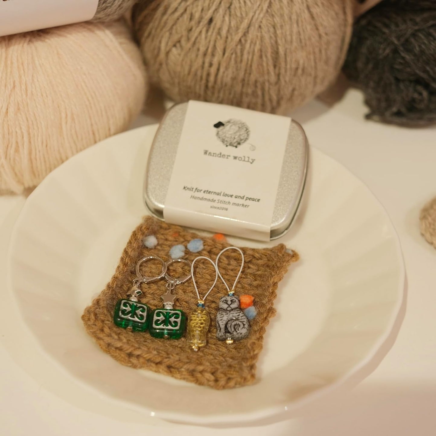 Handmade Stitch Markers for Knitting and Crochet, Two Green Floral Removable Rings, Gold-Edged Fish and Gray Cat Closed Ring, with Storage Case.