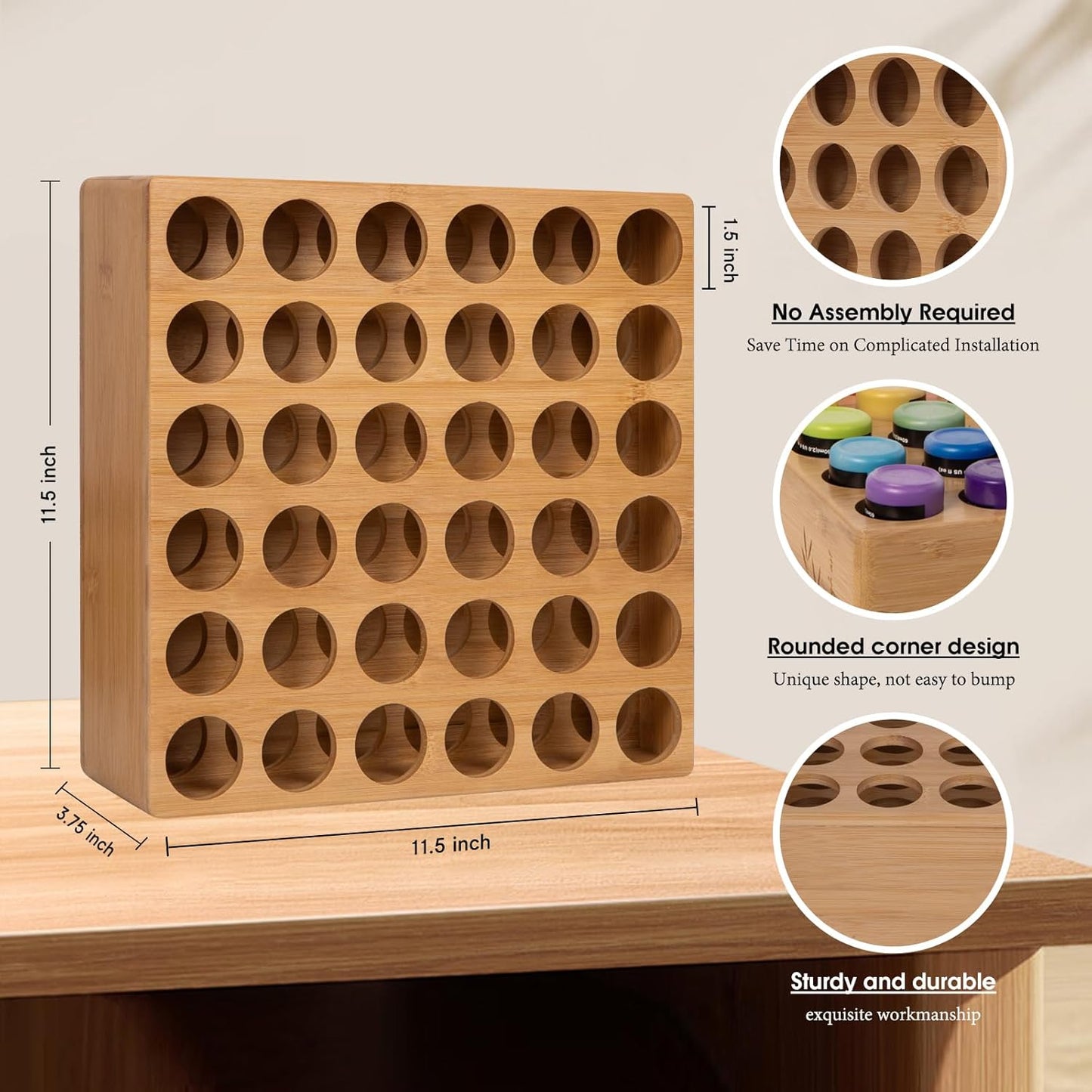 Bamboo Craft Paint Storage Organizer,36-Hole Vertical Paint Rack Stand for 2oz Craft & Acrylic Paints,Stackable Modular Storage Solution for Home, Classroom, and Office