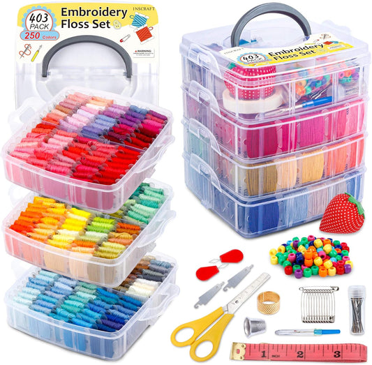 Inscraft 403 Pack Embroidery Floss Set, 250 Colors Cross Stitch Friendship Bracelet Thread with 153 Pcs Cross Stitch Tool, 4-Tier Transparent Box for Storage