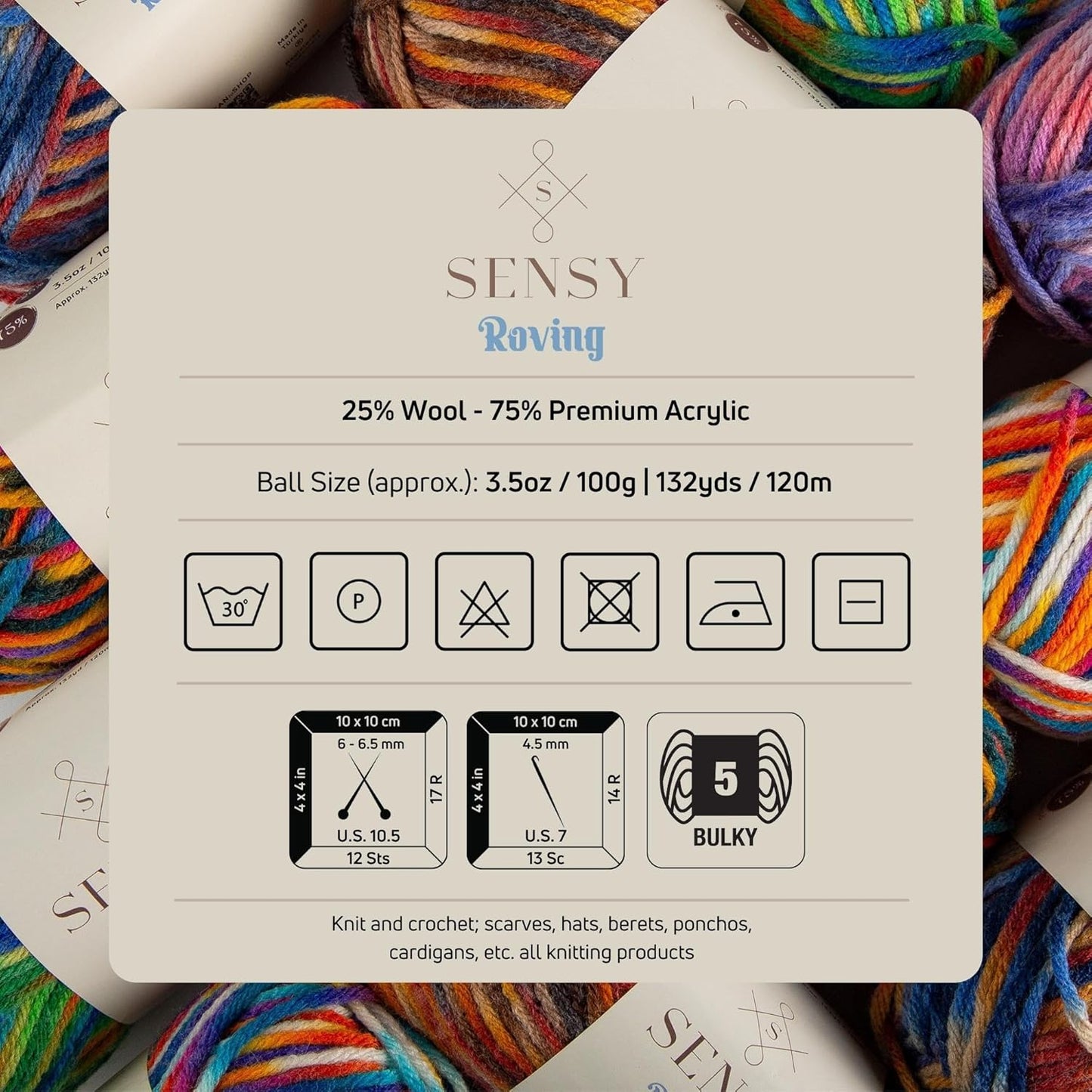 3 Skeins of Sensy Roving Multi Color Yarn, 3.5 oz, 132 Yards, Gauge 5 Bulky (Rainforests)
