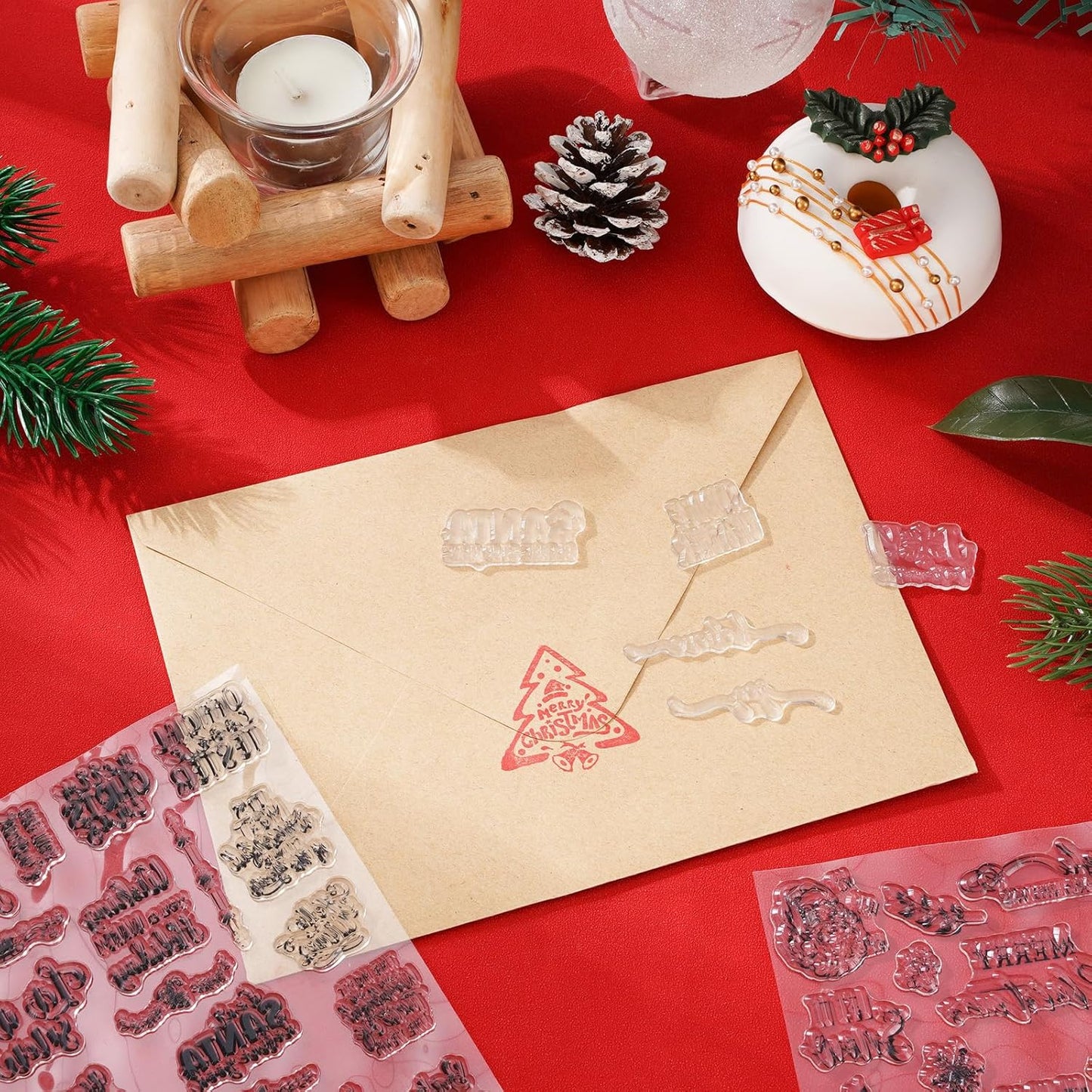 Whaline 4 Sheet Christmas Words Clear Stamps Greeting Words Santa Xmas Tree Pattern Silicone Transparent Stamps Border Stamp Cards for DIY Craft Card Making Scrapbooking Embossing Album Decor