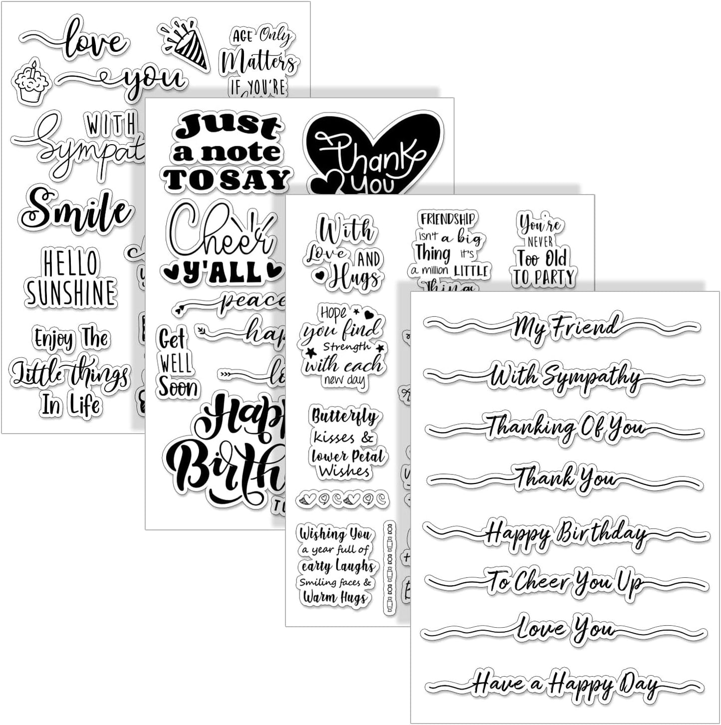 Whaline 4 Sheets Sentiment Words Clear Stamps Greeting Words Happy Birthday Silicone Transparent Stamps for DIY Craft Card Making Scrapbooking Embossing Album Decor