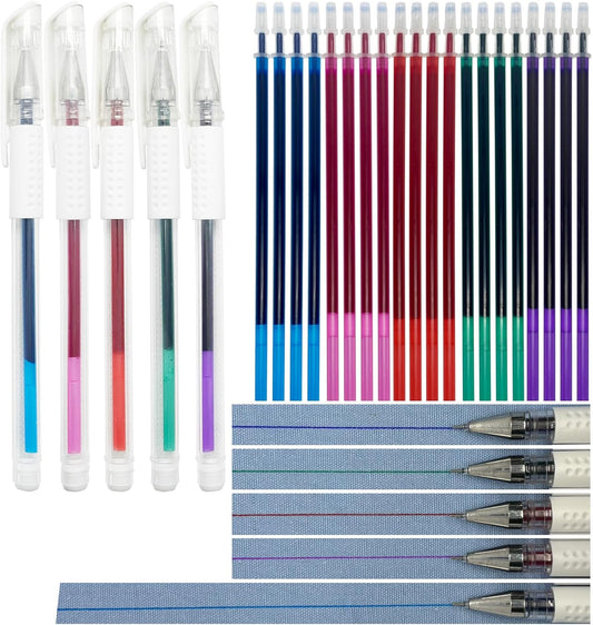 5 Colors Water Erasable Fabric Marking Pen with 20 Refills for Cross Stitch, Embroidery, Sewing, Quilting DIY (red,rose, blue, green, purple)