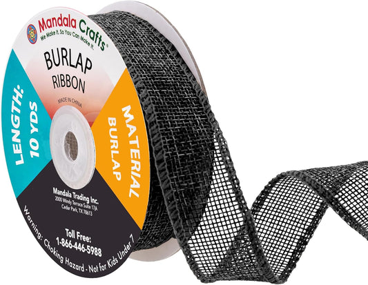 Mandala Crafts Black Burlap Ribbon 1 Inch Wide Jute Ribbons for Crafts - 20 Yds Roll Rustic Burlap Wrap Trim Ribbons for Wreaths Bows Wedding Party Decoration