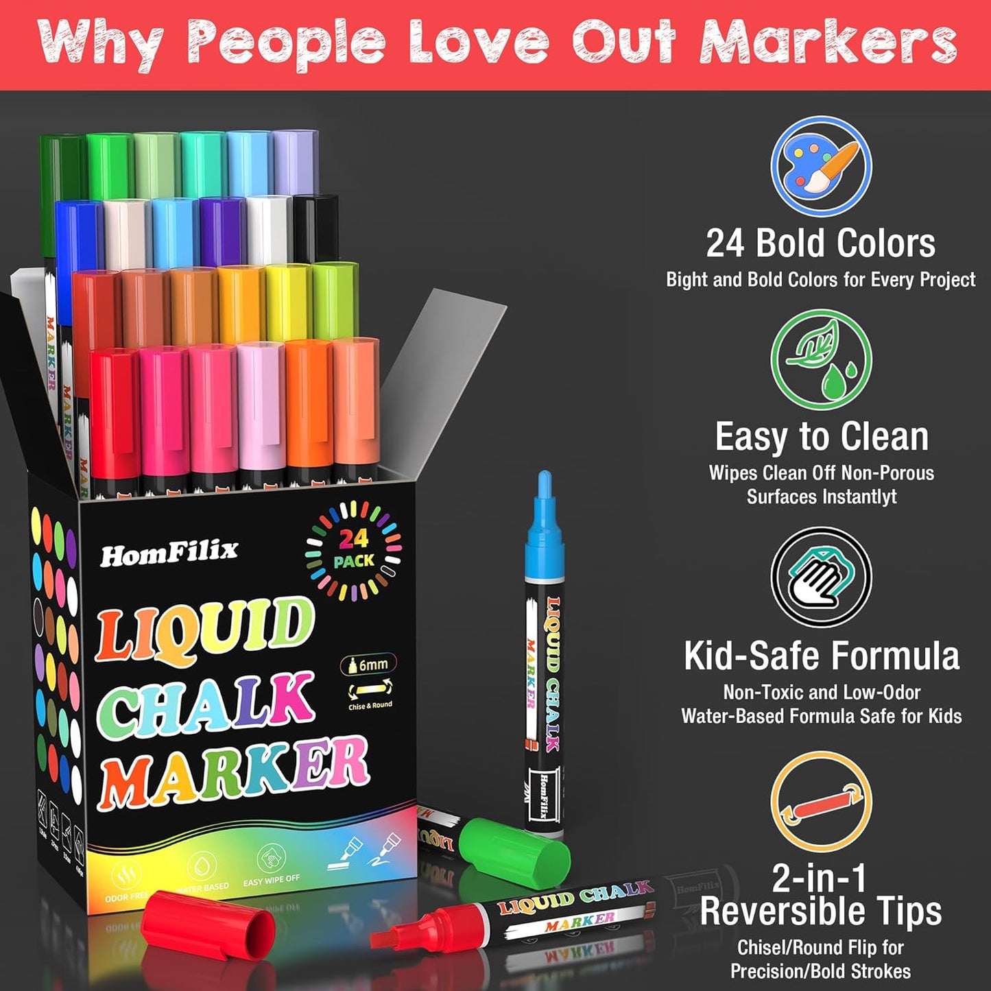 24-Color Liquid Chalk Markers Set, Erasable, Dust-Free, for Blackboard, Glass, Cars, Windows - Ideal for Teaching, Display, Creativity, Paint Pens, Dry Erase Markers